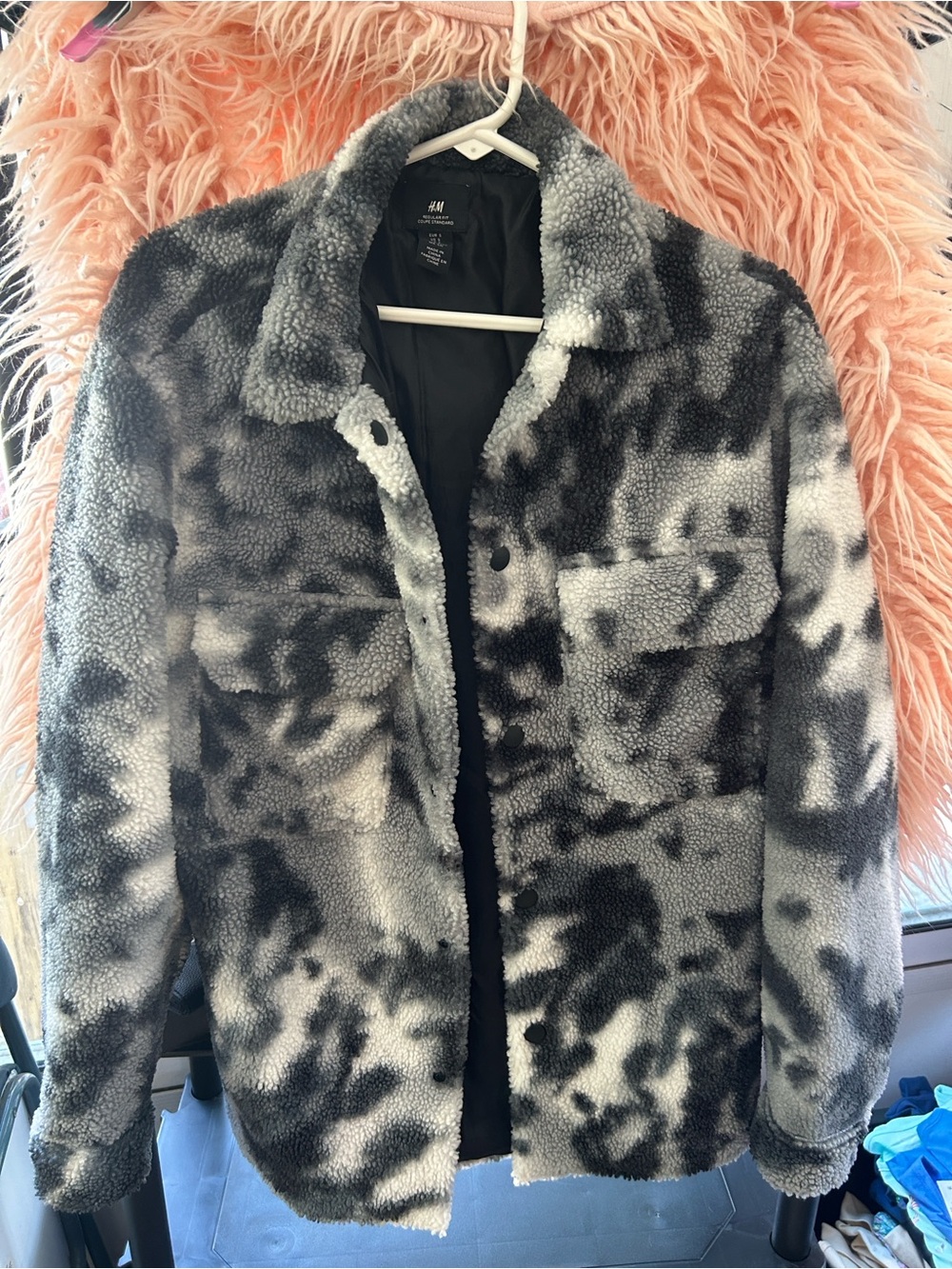 H&M Black and Gray Camo Tie-Dye Teddy Coat
